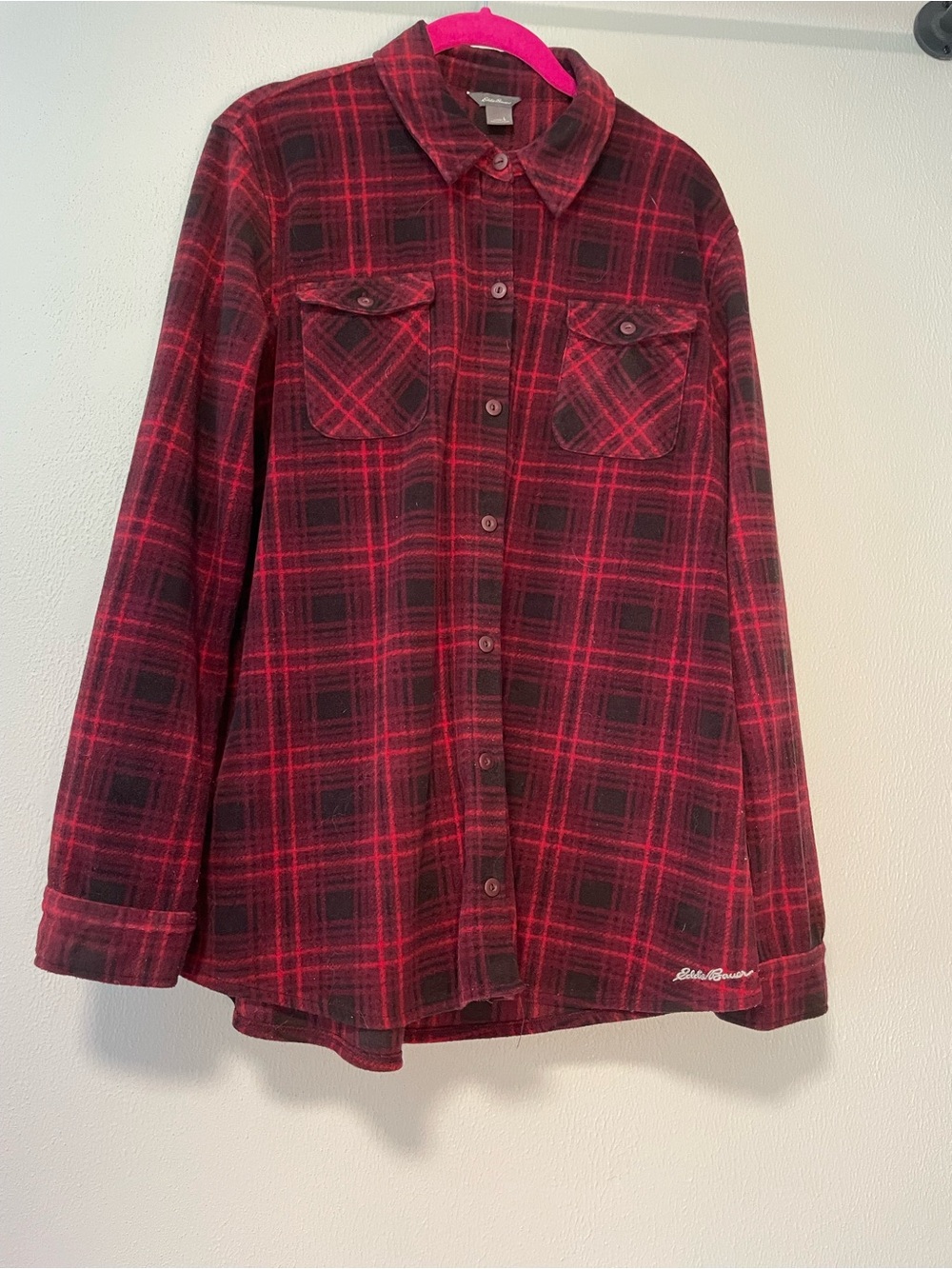 Eddie Bauer Red and Black Plaid Button Front Fleece Shirt Jacket